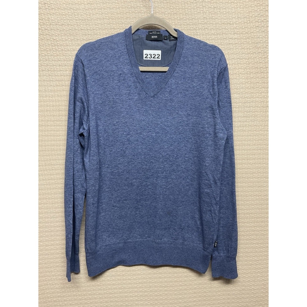 Hugo Boss Dark Blue Woven V-Neck Sweater Size Large‎ Slim Fit Pullover